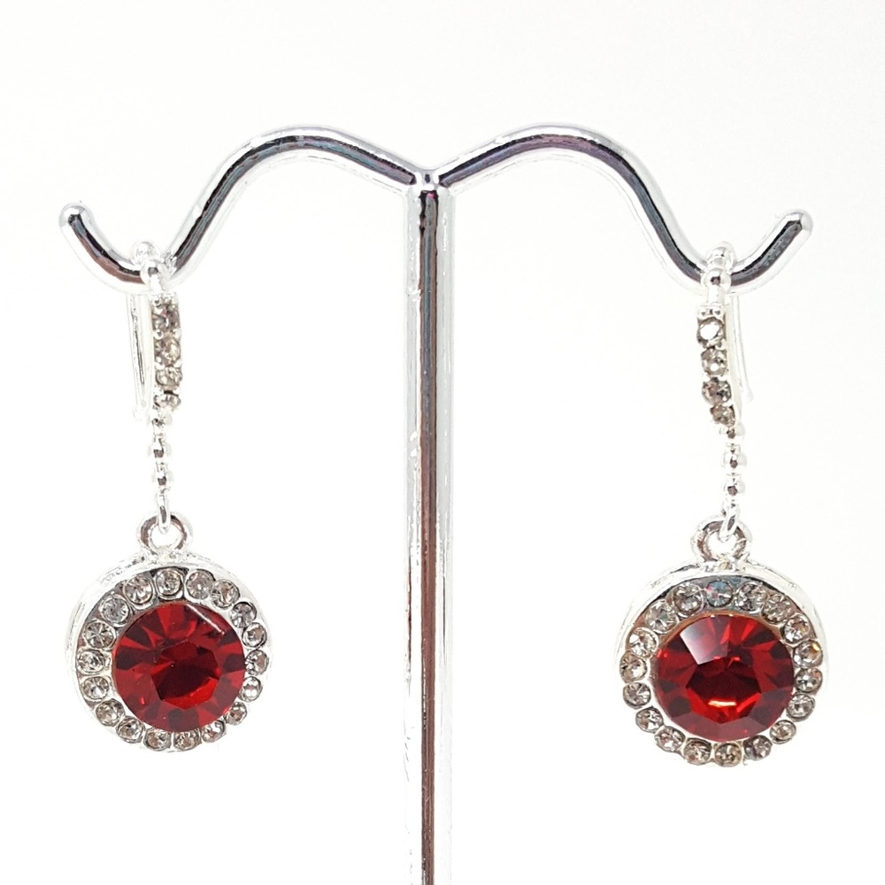 Silver Tone Dangle Drop Earrings Red